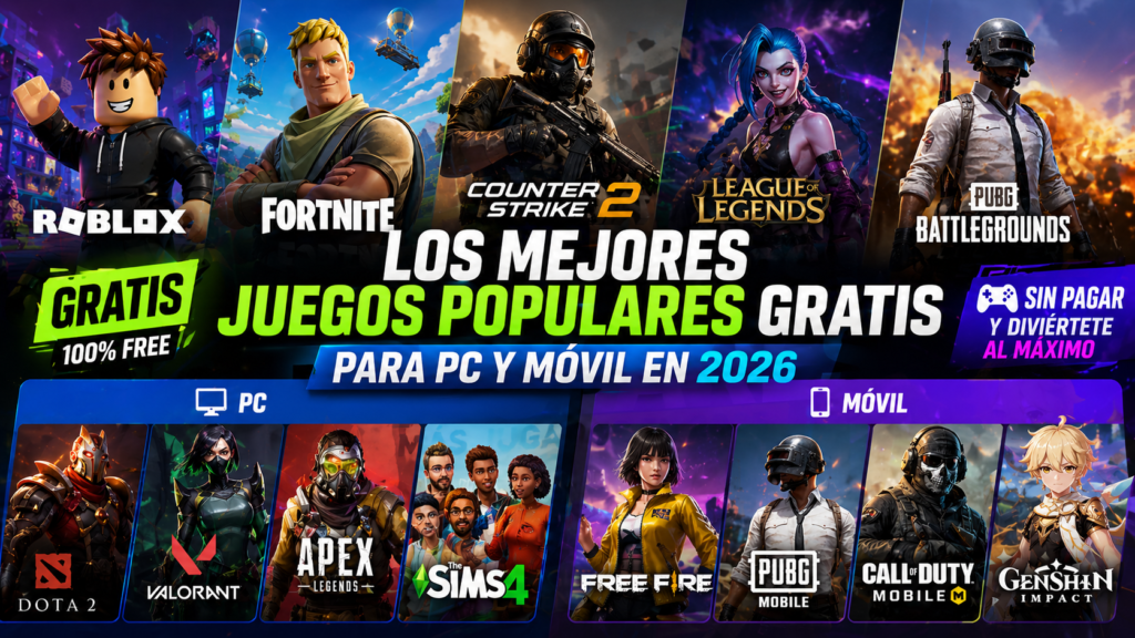 Juegos populares gratis para PC y móvil en 2026 con mando, celular y pantalla gamer